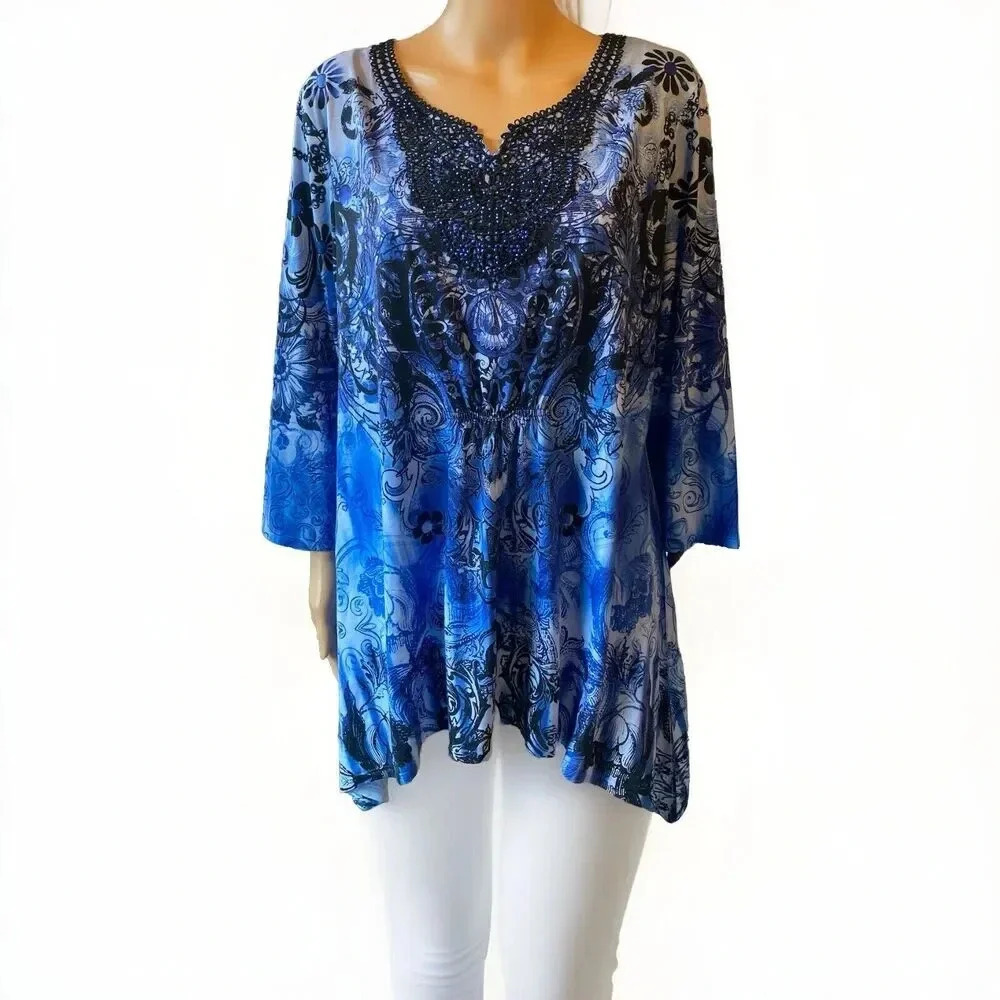 Simply Emma Womens Shirt Top Sz 1X Blue V Neck Sequins Flowy Boho Stretch Fairy